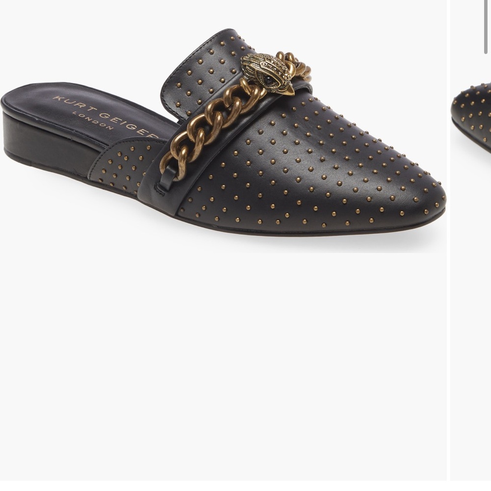 Kurt Geiger Black Mules with Gold Chain